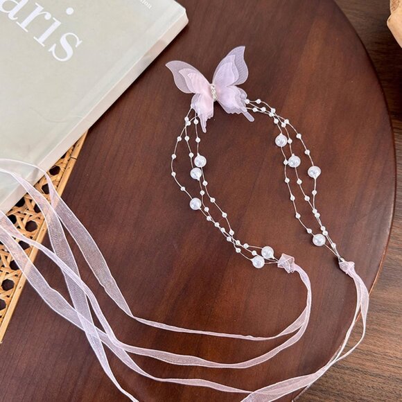 Dainty Boho Lace Choker with Butterfly and Pearl - Adjustable Length Necklace - Picture 2 of 7
